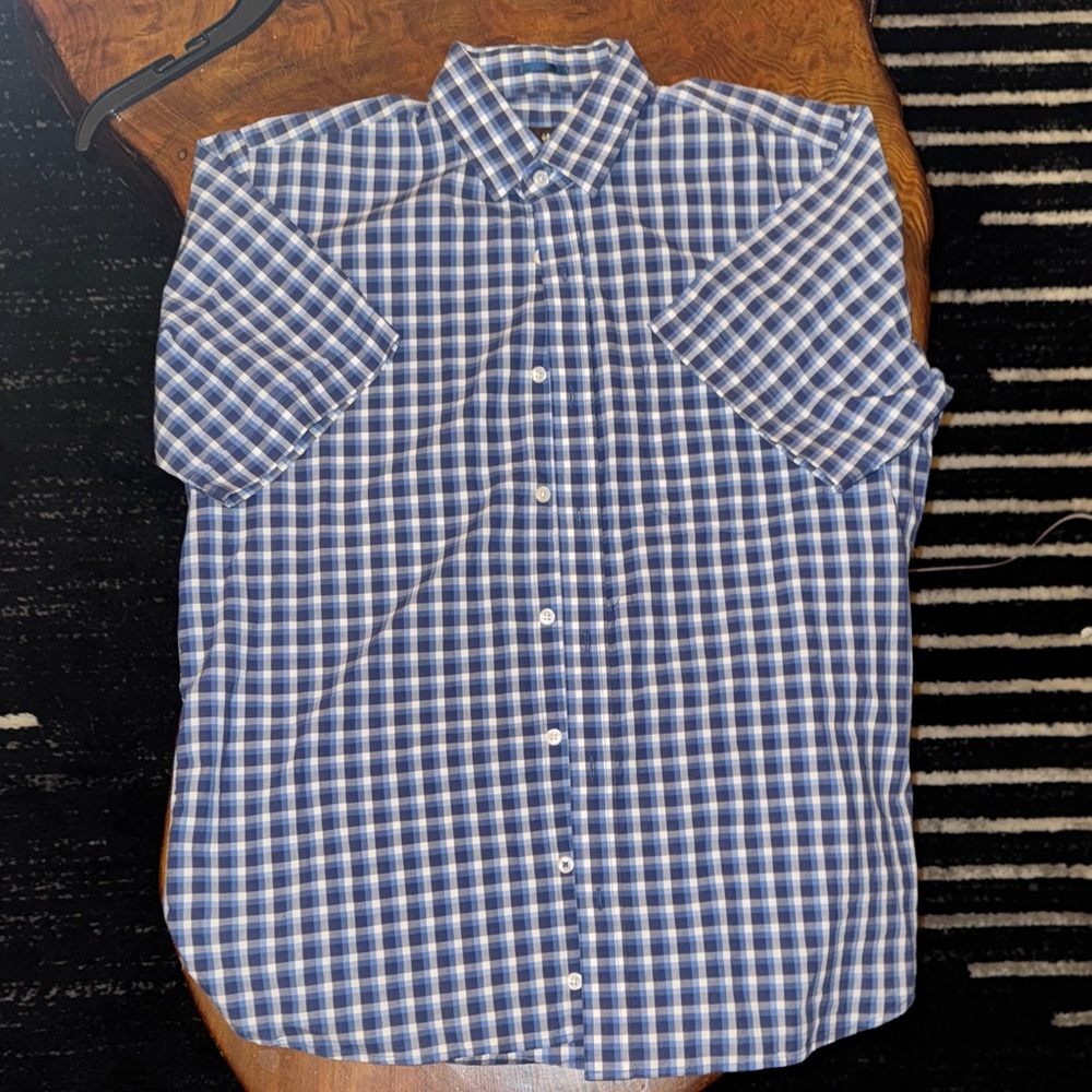Men's Blue and White Plaid Button-Down Shirt